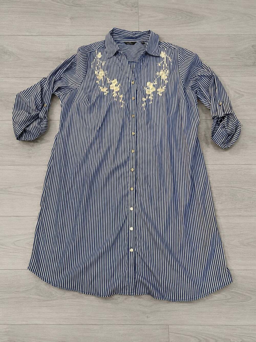 Mlle Gabrielle Blue and White Striped Roll Tab Sleeve Embroidered Shirt Dress